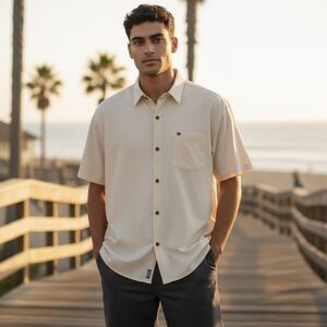 Quiksilver shirt mens XXL beige check plaid short sleeve button up